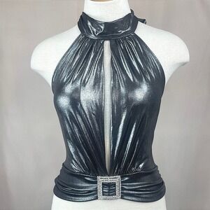 Vintage Y2K Silver Lame Halter Womens (L) Plunge Stretch Party Disco Rave USA